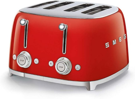 Smeg 50's Style Retro Aesthetic 4 Slice Toaster 6 Presets Extra Wide Slots Red TSF03RDUS