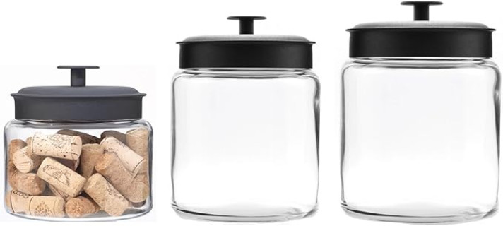 Anchor Hocking Montana Glass Jars with Fresh Seal Lids Canister Set, Black Metal, 3-Piece Set