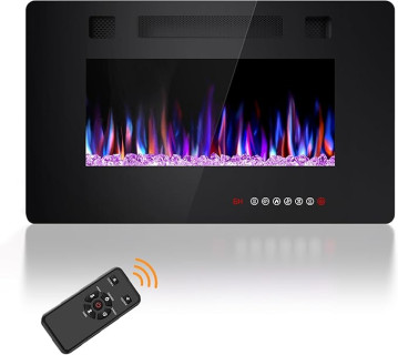 Joy Pebble 30 Inch Electric Fireplace Inserts, in-Wall Recessed and Wall Mounted 750/1500W Fireplace Heater, Touch Screen, Remote Control with Timer, Adjustable Flame Color and Speed