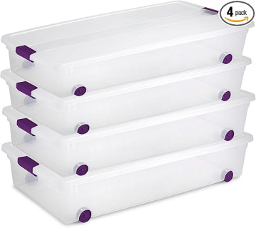 Sterilite 4-Pack ClearView Latch Box, Wheeled Underbed Organizer Bins for Home, 60 Quart