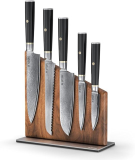 Yatoshi Magnetic Kitchen Knife Block Set 6 Pcs - Japanese 67 Layer High-Grade VG-10 Damascus Steel Knives, Sharp, G10 Handle Professional Kitchen Knife Set