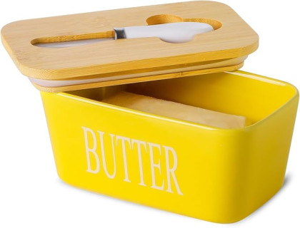 Butter Dish with Lid for Countertop, Hasense Large Ceramic Butter Container Keeper Holder with Cover and Knife for Fridge, Airtight Butter Stoage Box for Homemade Butter and Home Kitchen Decor, Yellow
