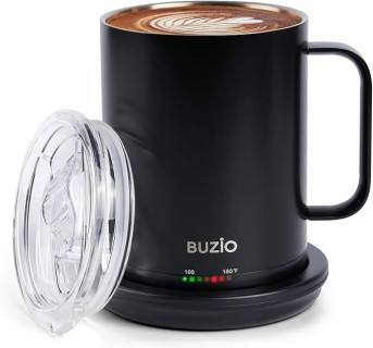 BUZIO Temperature Control Mug with Lid, Smart Heated Coffee Mug 14oz, Self-Heating Coffee Mug Warmer with Mug Set, Temperature-Controlled Coffee Cup, Powder Coated, Black