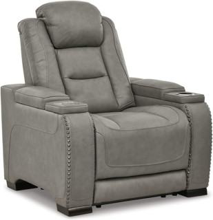 Signature Design by Ashley The Man-Den Leather Power Recliner with Adjustable Headrest & Wireless Charging, Gray
