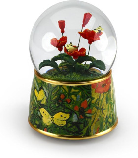 Red Poppies and Butterflies 18 Note Musical Water Globe-Many Songs to Choose-Romance de L'Amour