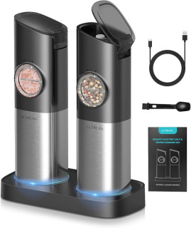 Ultrean Pepper Grinder, Rechargeable Gravity Salt and Pepper Grinder with 6 Adjustable Coarseness, LED Light, One-Hand Automatic Operation, Stainless Steel