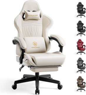 GTPLAYER Gaming Chair with Speakers, Video Game Chairs with Footrest, PC Gamer Chairs for Adults - Padded High Back Ergonomic Reclining Silla Gamer, Linkage Armrest, Ace Pro, Ivory