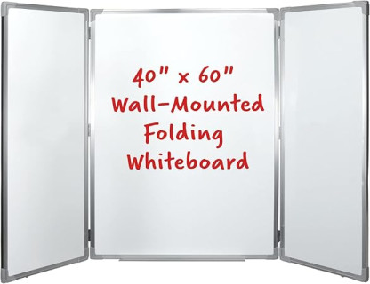 40” x 60” Wall-Mounted, Folding Whiteboard with Magnetic Surface and Flip-Out Marker Tray
