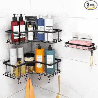 3 Pack Corner Shower Caddy with Soap Holder, Adhesive Corner Shower Organizer for Inside Shower Basket Rack Storage, Stainless Steel Bathroom Organizer with 4 Removable Hooks