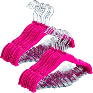 Juvale 24 Pack Hot Pink Velvet Hangers w/Clips for Kids, Baby Nursery, Children's Closet, Dresses, Shirts, Pants, Skirts, Ultra Thin, Nonslip, Space Saving Hangers, 12 Inches Baby Hanger Velvet Pack