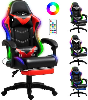 RGB LED Lights Gaming Chair with Footrest for Adults and Kids, Lumbar Support Massager Video Game Chair, High Back Reclining Gamer Chair with Headrest, 360° Swivel Computer Chair (Red)