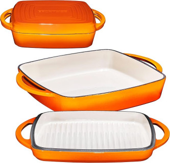 Bruntmor 2-in-1 Square Pumpkin Spice Cast Iron Dutch Oven With Handles, Enamel All-in-One Cookware Set, Braising Pan For Casserole Dish, Crock Pot Covered Cast Iron Skillet