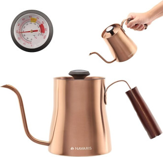 Navaris 33.8 oz (1 fl L) Gooseneck Kettle for Stove Top Burners - Stainless Steel Kettle with Pour Over Spout for Coffee or Water - with Thermometer - Copper