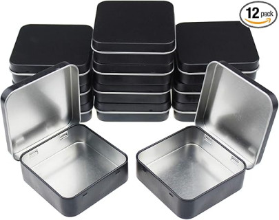 12 Pieces Square Metal Empty Tins Home Storage Containers Organizer Mini Box with Hinged Lid, 2.76 x 2.76 x 0.79 inch (Black)