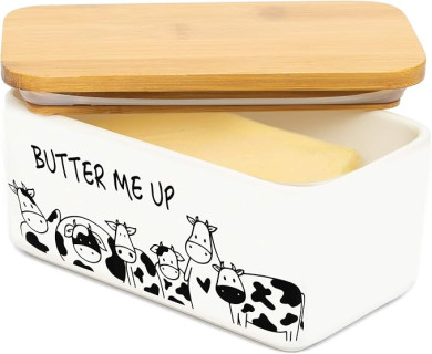 Porcelain Butter Dish with Lid, Natural Bamboo Lid, Seal Included for Airtight Butter Dish, Butter Holder Easily Fits 2 Sticks of Butter (Butter me up)