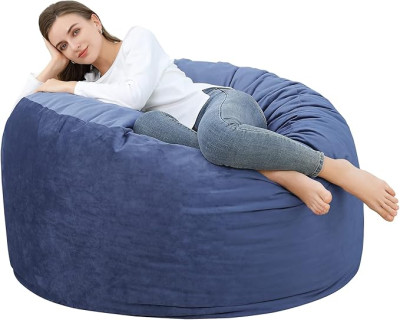 4 Foot Bean Bag Chair,Memory Foam Big Bean Bag for Adults, Big Sofa with Fluffy Removable Microfiber Cover Blue 4'