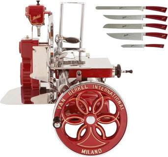 Berkel Volano B114 Premium Food Slicer | Includes 5-pc Knife Set | Luxury Slices of Prosciutto, Cheese, Fruits and more | Pedestal not included | Made in Italy (Red)