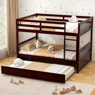 KOMFOTT Wood Full Over Full Bunk Bed with Trundle, Bunk Bed Frame with Ladder, Solid Wood Frame & Safety Guardrails, Space-Saving Bunk Bed for Teens & Adults, No Box Spring Needed