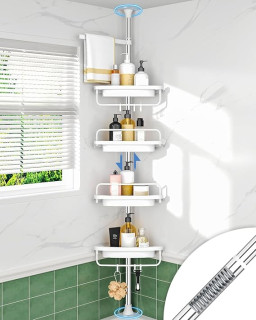 ALLZONE Rustproof Shower Caddy Corner for Bathroom, Tension Corner Shower Caddy Tension Pole, Solid Shower Organizer with 4 Adjustable Shower Shelves, Shower Rack Fit Heights 39 to 113 Inches,White