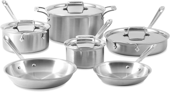 All-Clad D5 Brushed 5 Ply Stainless Steel Cookware Set 10 Piece w/ Frying Pans, Pots and Pans Set, Induction, Oven Broiler Safe 600F, Silver