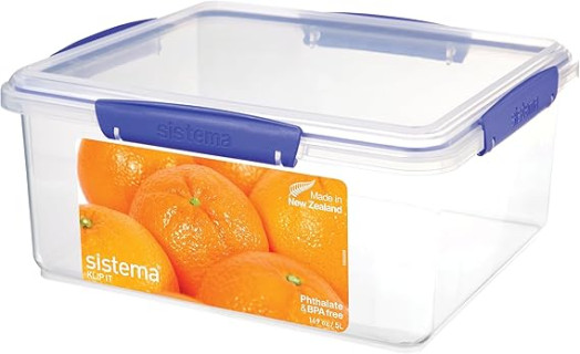 Sistema KLIP IT Food Storage Container | 5 L | Airtight & Stackable Food Container with Clip-Close Lid| Clear with Blue Clips