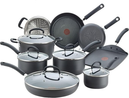 T-fal Ultimate Hard Anodized Nonstick Cookware Set 14 Piece, Oven Broiler Safe 400F, Lid Safe 350F, Kitchen Cooking Set w/Fry Pans, Saucepans, Griddle, Dutch Oven, Pots & Pans, Dishwasher Safe, Black