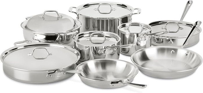 All-Clad D3 3-Ply Stainless Steel Cookware Set 14 Piece Induction Oven Broiler Safe 600F Pots and Pans Silver
