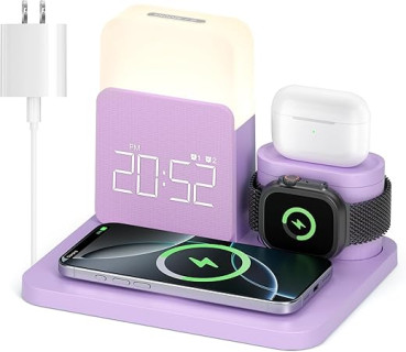 Wireless Charging Station, 7 in 1 Wireless Charger Stand with Dual Alarm Clock, Charging Dock for iPhone16/15/14/13/12/11/Pro/Max/Samsung Phone, Apple Watch 9/8/7/6/5/SE, AirPods/3/2 (Purple)