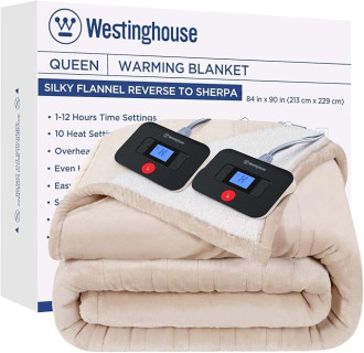 Westinghouse Electric Blanket Queen, Heated Blanket Queen Size with 10 Heating Levels and 1 to 12 Hours Heating Time Settings, Flannel to Sherpa Reversible, Machine Washable (84