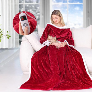Wearable Heated Blanket with Sleeves, Electric Heated Blanket for Mothers Day Gifts, Electric Throw Wrap Poncho Shawl with Pockets, 6 Heating Levels & 4 Hours Time Settings, 50 x 70 Inch (Red)
