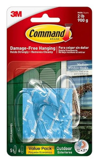 Command Outdoor Medium Clear Wall Hooks, 5 Hooks and 6 Command Strips, Damage Free Hanging Wall Hooks for Hanging Outdoor Wall Decor with Weather Resistant Strips, Holds up to 2 lb