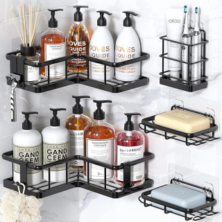 YASONIC Shower Caddy Corner, 5-Pack Shower Caddy Organizer with 4 Removable Hooks and Soap Holder, Rustproof Shower Shelves for No Drilling Large Shower Organizer Corner - Black