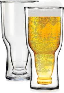 Unbreakable Double Wall Insulated Freezable Beer Acrylic Cups - 2 Set - Large 17 oz Reusable Pilsner Shatterproof Tritan, Upside Down Bottle Design, Pub Mug, For Beer Lovers, Picnic Indoor & Outdoor