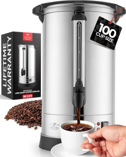 Zulay Commercial Coffee Maker - 100 Cup Coffee Percolator With Double-Wall Stainless Steel & Twist-Lock Lid - Quick Brewing Coffee Urn With Keep-Warm Mode For Events & Catering - Silver