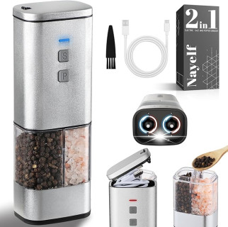 2-in-1 Portable Electric Salt and Pepper Grinder Matte Aluminum Design with LED Light, Adjustable Ceramic Coarseness, Type-C Rechargeable Salt and Pepper Mill Set for Kitchen and Outdoor, Top Storage