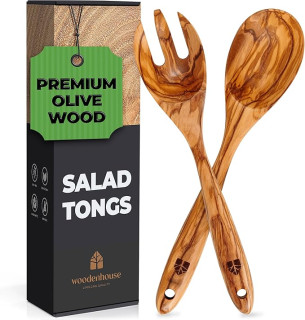 Salad Tongs for Serving, Spoon Salad Utensils Set from Olive Wood, 12 inches Wooden Fork and Spoon for Mixing, Tossing & Cooking