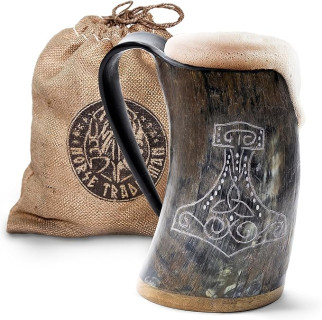 Norse Tradesman XL Viking Drinking Horn Mug - 100% Genuine Beer Horn Tankard With Thor's Hammer Engraving | The Mjolnir, Low Polish, approx. 30 oz