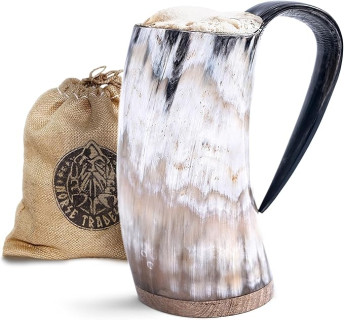 Norse Tradesman Original LG Viking Drinking Horn Mug - 100% Authentic Beer Horn Tankard With Rosewood Base & Burlap Gift Sack | The Original, High Polish, approx. 16 oz