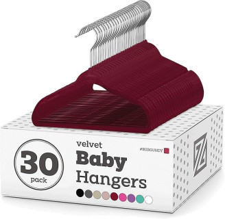 Zober Velvet Baby Hangers: Pack of 30 Non Slip Toddler Hangers - Shirts, Pants & Dresses w/Swivel Hook - Durable w/Notches - Small Kids - Burgundy
