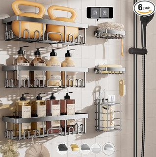 Veken Stainless Steel Shower Caddy 6-Pack, Ideal for Gift, Large Wall Mounted Shower Rack, Bathroom Shelves Over Toilet, Organizer Storage Accessories with Soap Dish & Toothbrush Holder, Silver