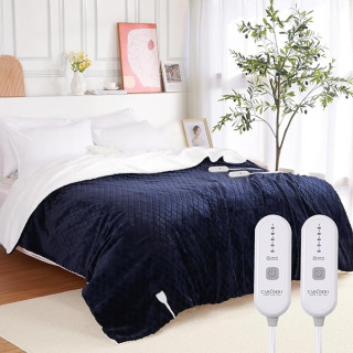 CAROMIO Heated Electric Blanket Throw Queen Size with Dual Control, Flannel Sherpa Heating Blankets, Soft Thicken Heated Throws for Couch with 5 Heat Settings and 10 Hours Auto Shut Off, Blue, 84