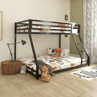 DHP Miles Metal Bunk Bed Frame for Kids, Twin/Full Bunk Beds with Built-in Ladder, High Guardrail, No Box Spring Required, Small Spaces, Twin-Over-Full, Black