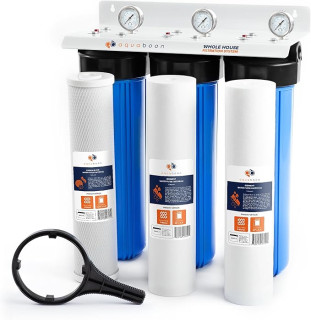 Aquaboon 3-Stage Whole House Water Filter System with 20x4.5 CTO & Sediment Filters, Against Sediment & Chlorine | w/Wrench, Bracket, Gauge & Release