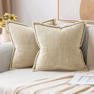 MIULEE Cream Corduroy Pillow Covers with Splicing Set of 2 Super Soft Couch Pillow Covers Broadside Striped Decorative Textured Throw Pillows for Spring Cushion Bed Livingroom 18x18 inch