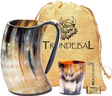Viking Drinking Horn Mug, 15-20 Oz Natural Ox Horn Cup & Cofee Stein | Cool Unique Gift for Men and Women, Home Decor Accessories | Shot Glasses for Beer, Ale, Whiskey, Mead