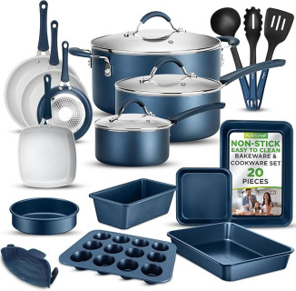 NutriChef Professional 20 Pc Kitchen Set in Navy Blue Durable Non-Stick Pots and Pans with Bakeware, Compatible with Any Cooktop, Easy Clean, 20pc