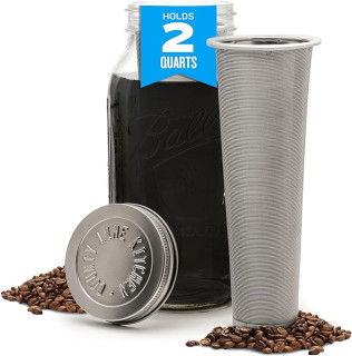 County Line Kitchen Glass Cold Brew Coffee Maker with Lid - Wide Mouth, 2 Quart (64 oz) - Heavy Duty, Leak Proof - Sun & Iced Tea Pitcher, Cold Brew Coffee, Breast Milk Storage, Water - Silver