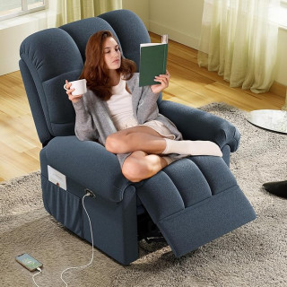 Updated Power Recliner Chair for Adults, Adjustable Electric Chair Power Reclining Sofa, USB Port, Ultra-Comfy Teddy Fleece Recliner for Living Room, Tool-Free Assembly Single Sofa, Blue Gray