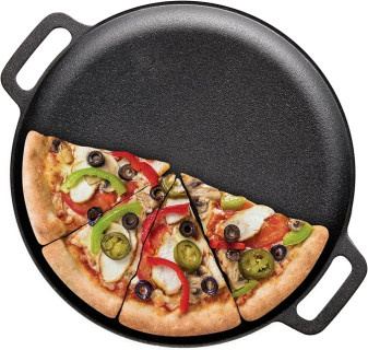 Bruntmor 12-Inch Pre-Seasoned Cast Iron Skillet Pizza Pan - Heavy-Duty Cast Iron Frying Pan with Dual Handles - Oven Safe Griddle for Stove, Campfire, and Outdoor Cooking